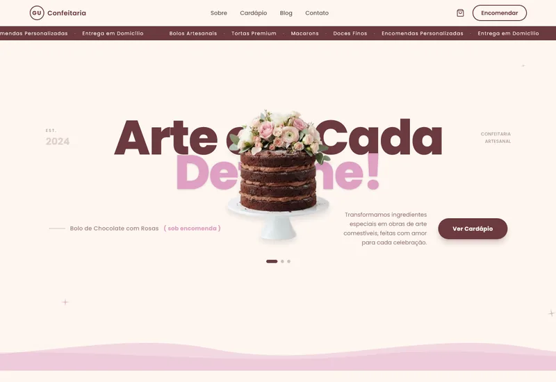 Landing page de uma confeitaria, com vitrine de bolos e botão de encomenda